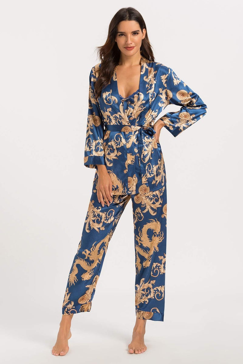 Escalier Women's Silk Satin Pajamas Set 3 Pcs Floral Silky Pj Sets Sleepwear Cami Nightwear with Robe and Pants Navy L - Image 3